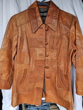 Glaswater Leathers Brown Patchwork Genuine Leather Jacket Coat Size 14